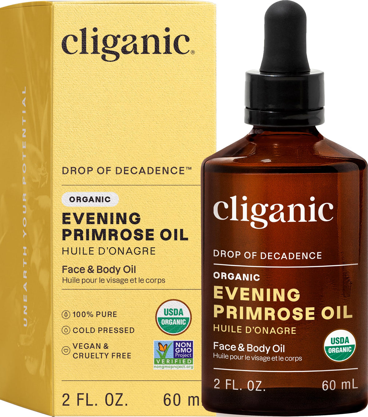 Cliganic evening primrose front packaging showing 2oz bottle and clean label benefits