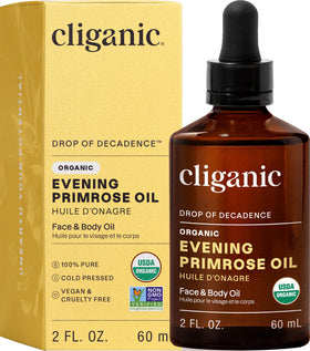 Cliganic evening primrose front packaging showing 2oz bottle and clean label benefits