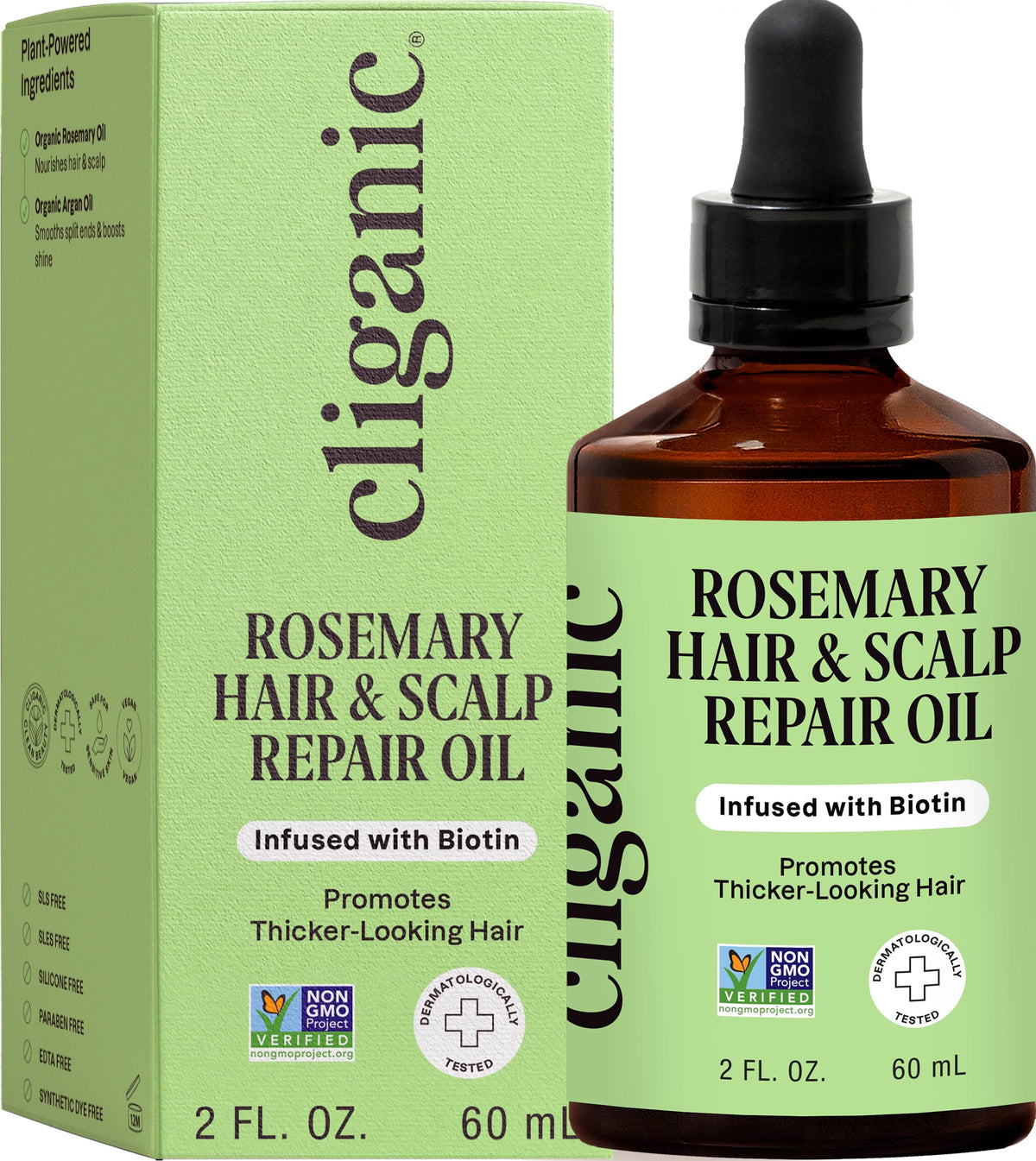 Cliganic front bottle showing rosemary oil and biotin benefits