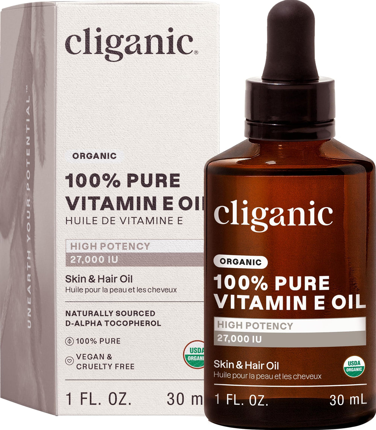 Cliganic front bottle showing vitamin E oil label and purity benefit