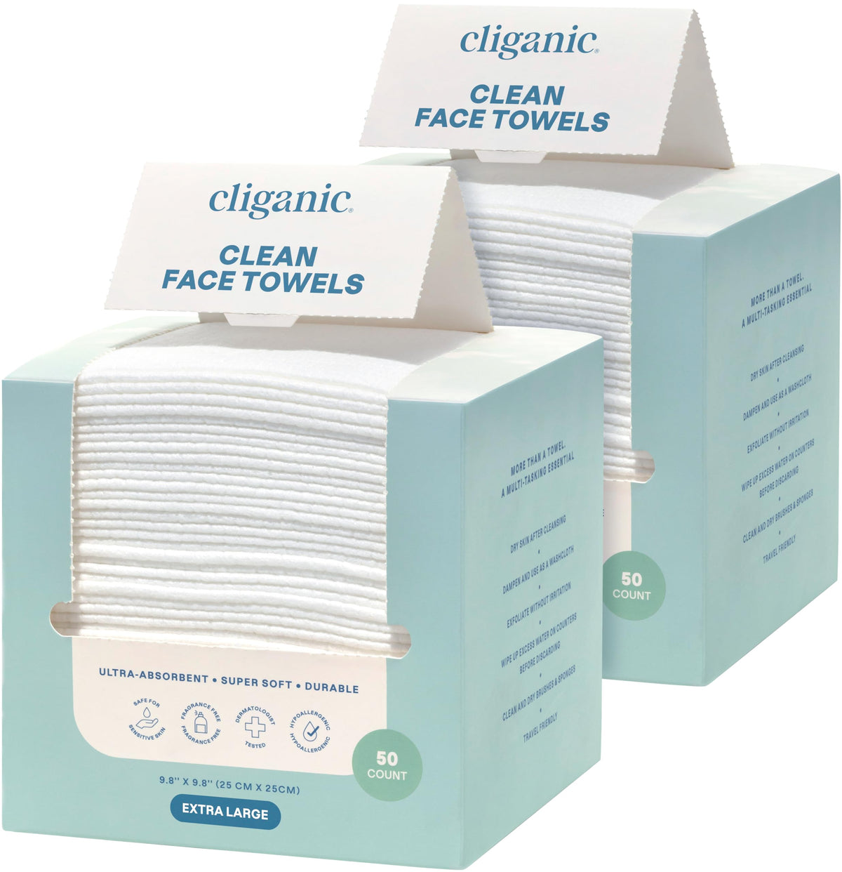 Cliganic front packaging showing 100 count and XL towels for convenience