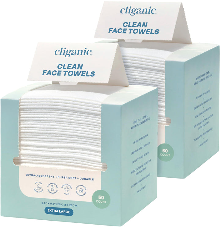 Cliganic front packaging showing 100 count and XL towels for convenience