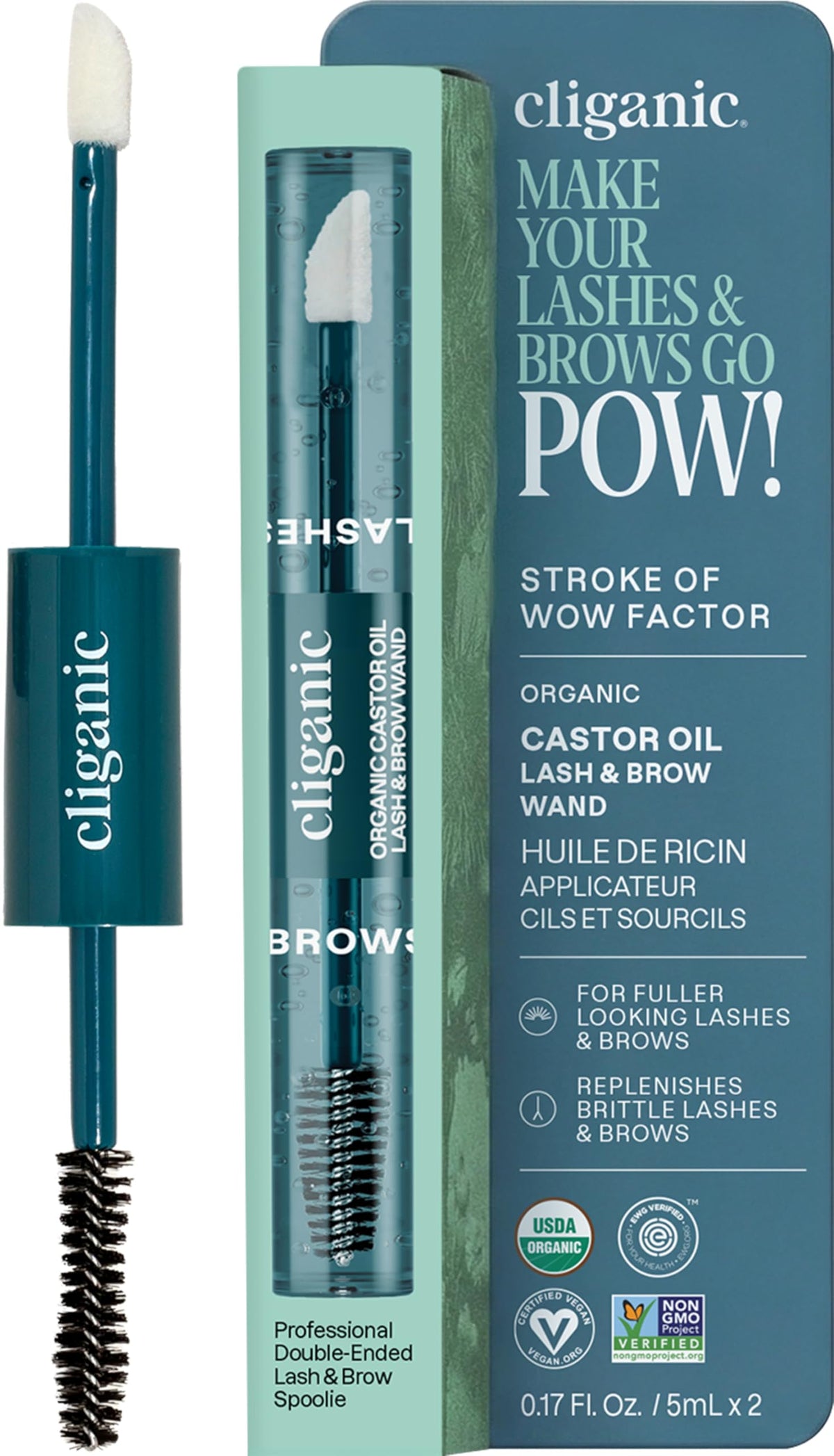 Cliganic front packaging with refillable wand showing convenience