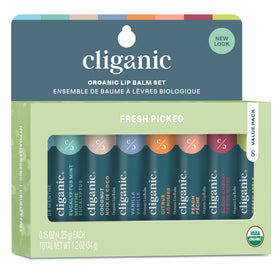 Cliganic front packaging showing eight flavor tubes and organic badge benefit