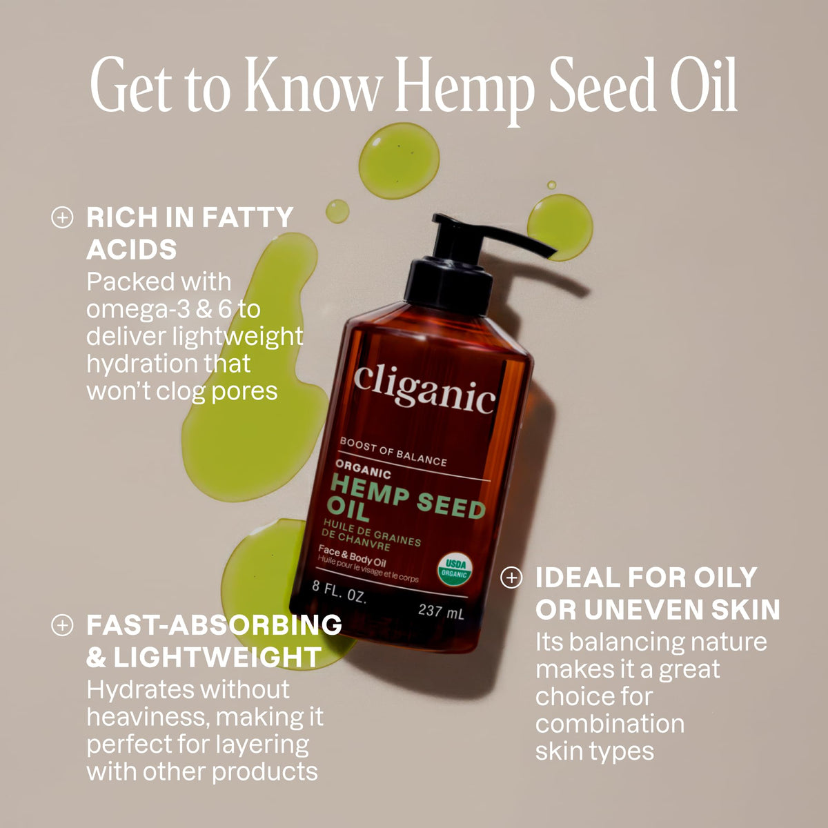 Cliganic oil pour close-up highlighting cold-pressed purity and smooth flow benefit