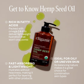 Cliganic oil pour close-up highlighting cold-pressed purity and smooth flow benefit
