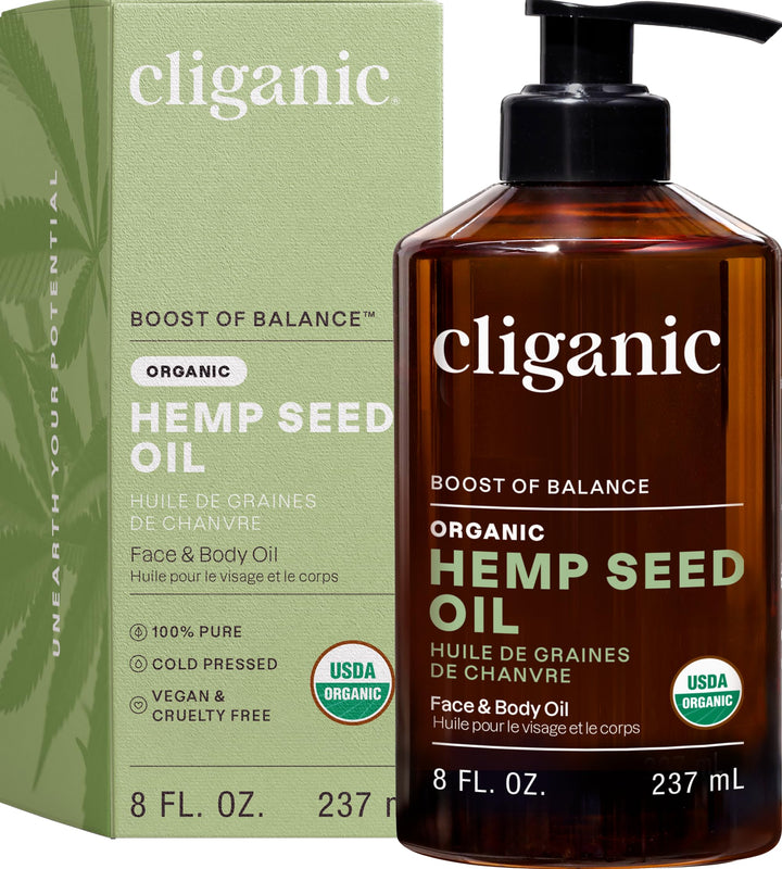Cliganic front bottle view showing organic hemp seed oil and clean packaging benefit