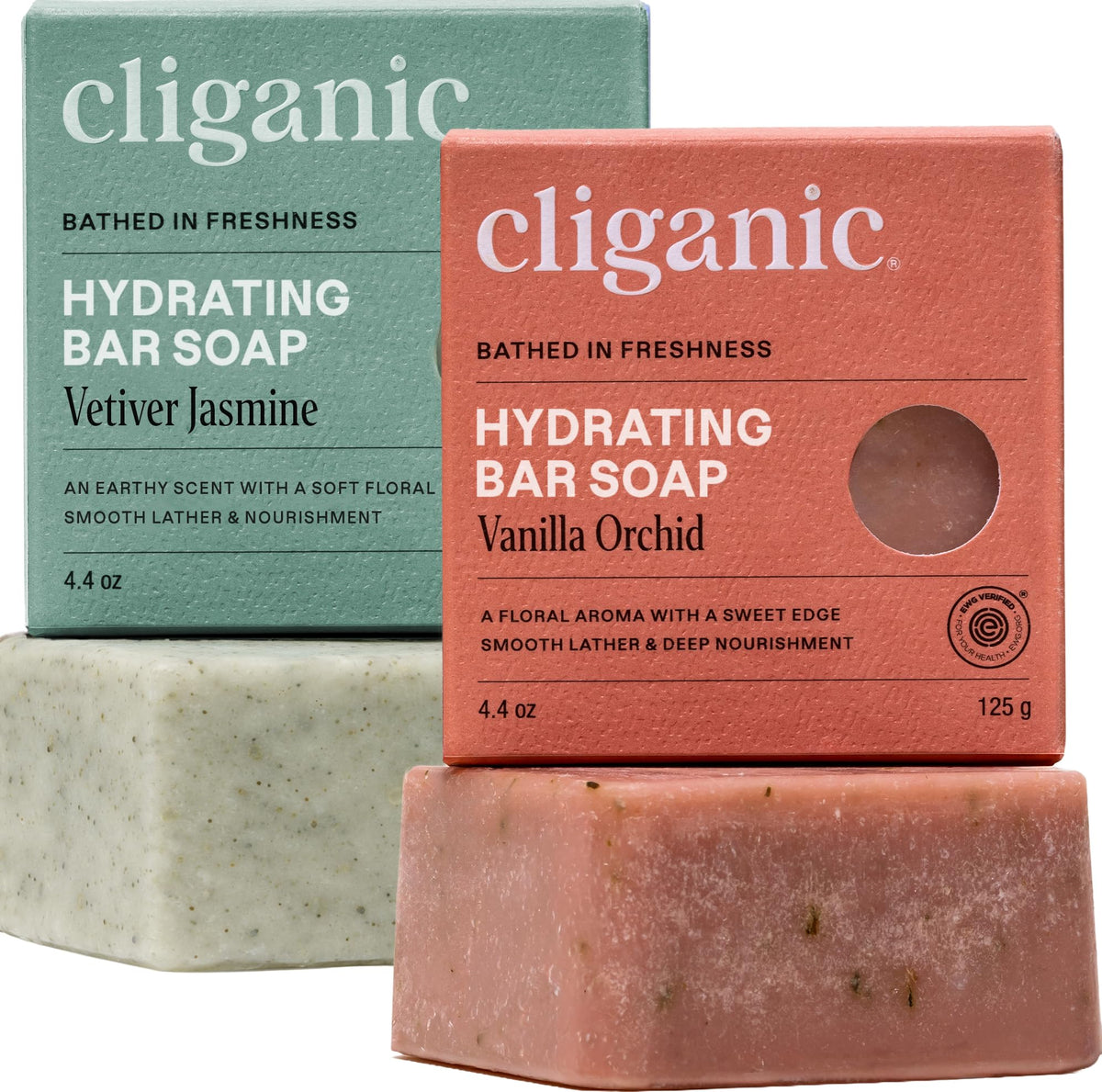 Cliganic front packaging showing two hydrating bar soaps and benefits