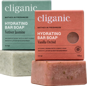 Cliganic front packaging showing two hydrating bar soaps and benefits