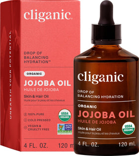 Cliganic jojoba oil front bottle showing label and organic certification benefits