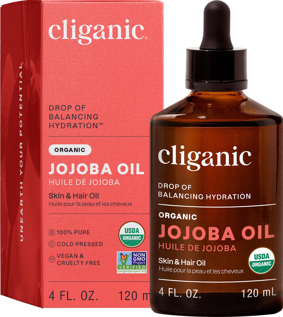 Cliganic jojoba oil front bottle showing label and organic certification benefits