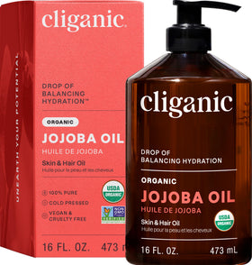 Cliganic jojoba oil front packaging showing label and size, convenient bulk value