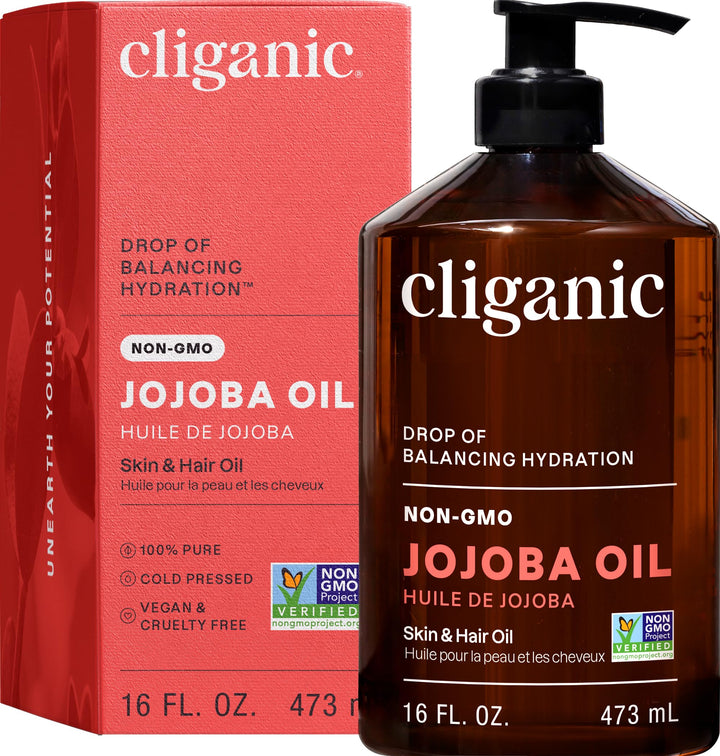 Cliganic jojoba oil front packaging shows label and size benefit