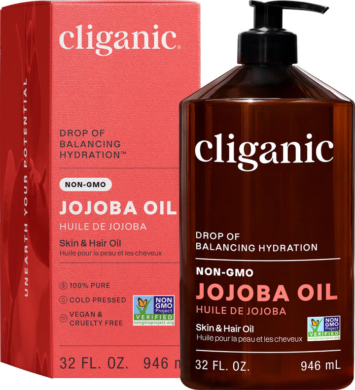 Cliganic jojoba oil pump bottle showing bulk size and easy dispensing