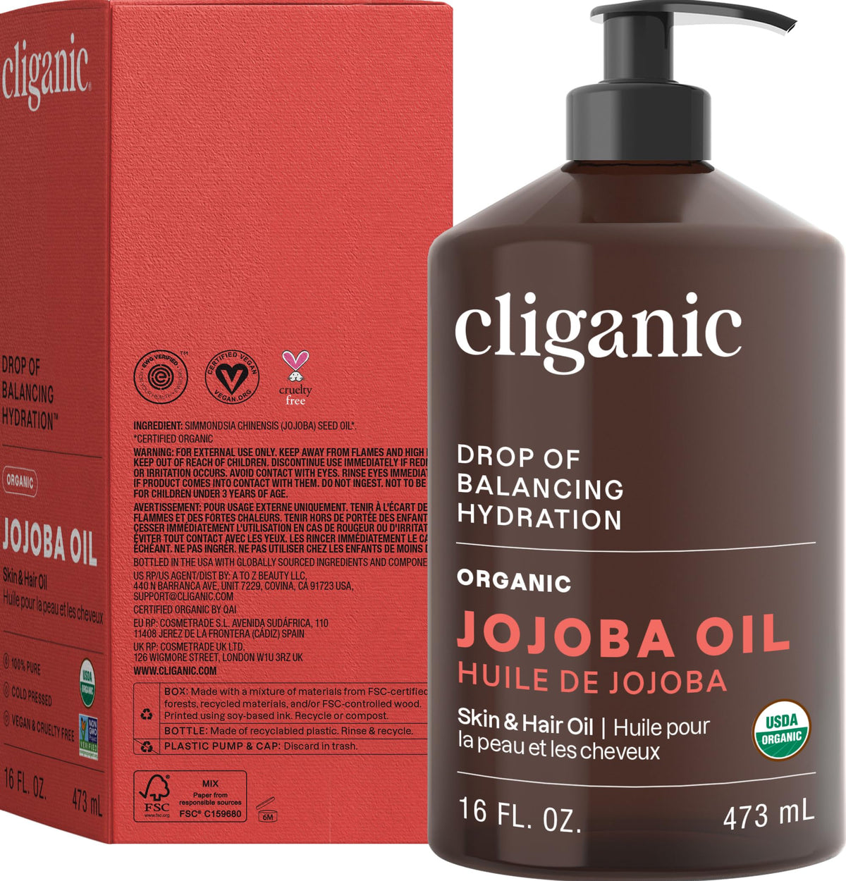 Cliganic jojoba oil certification label close-up showing USDA organic and non-GMO benefit
