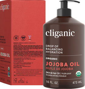 Cliganic jojoba oil certification label close-up showing USDA organic and non-GMO benefit