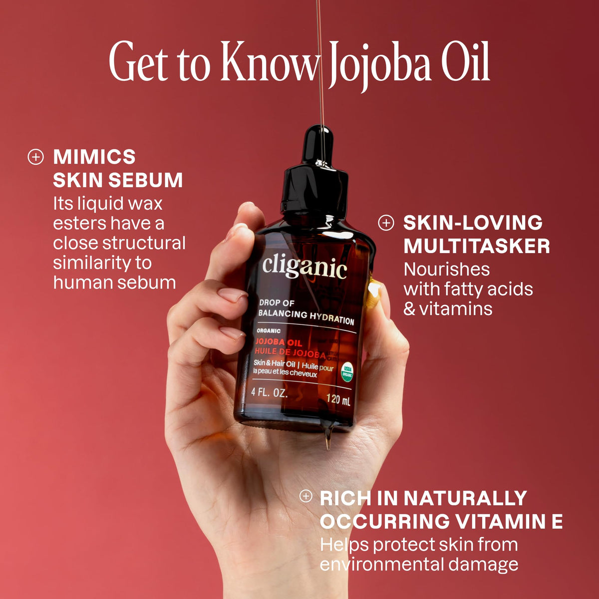 Cliganic jojoba oil next to ruler showing 16 oz scale and value benefit