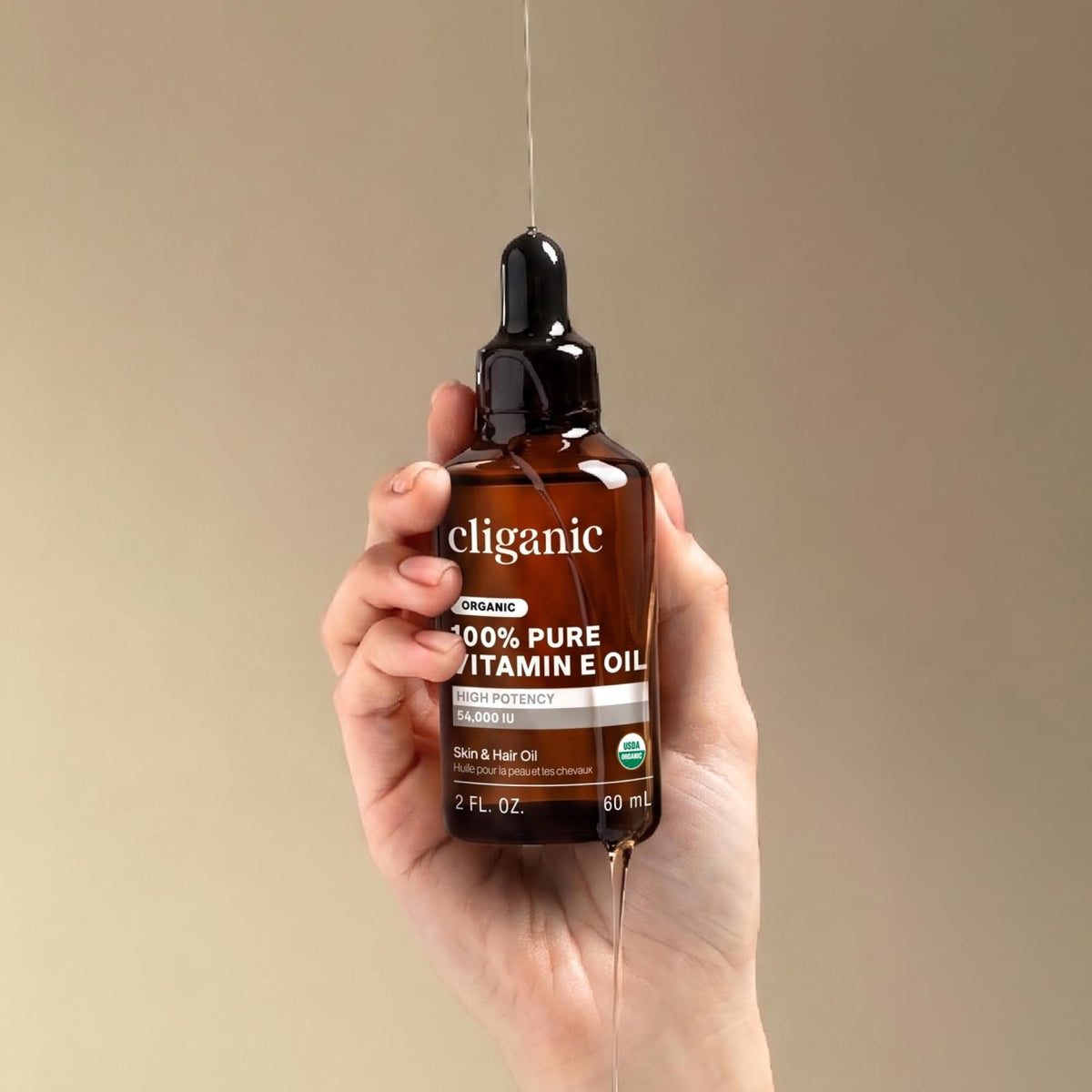 Cliganic bottle on bathroom vanity conveying natural skincare routine