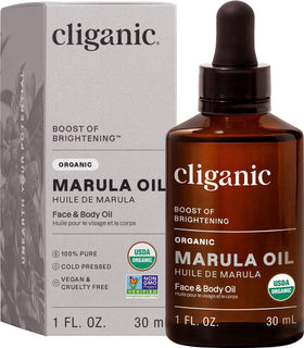 Cliganic marula oil front packaging showing organic label and benefits
