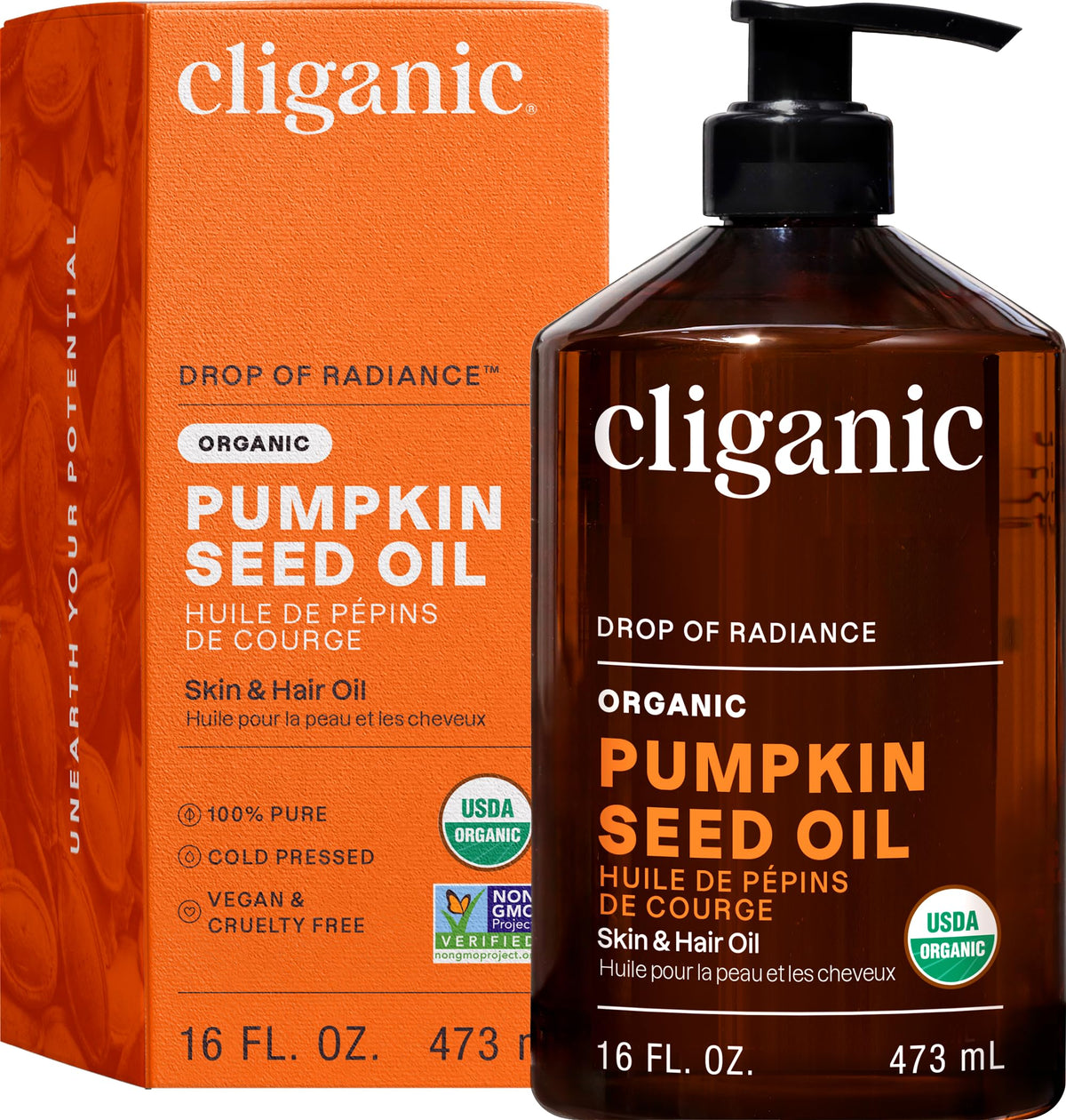 Cliganic front bottle view showing organic oil packaging and purity benefit