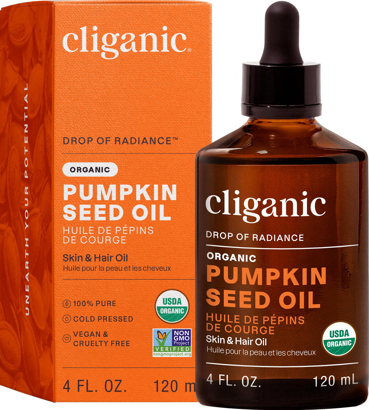 Cliganic bottle front view showing label and organic seal for trustworthy skincare