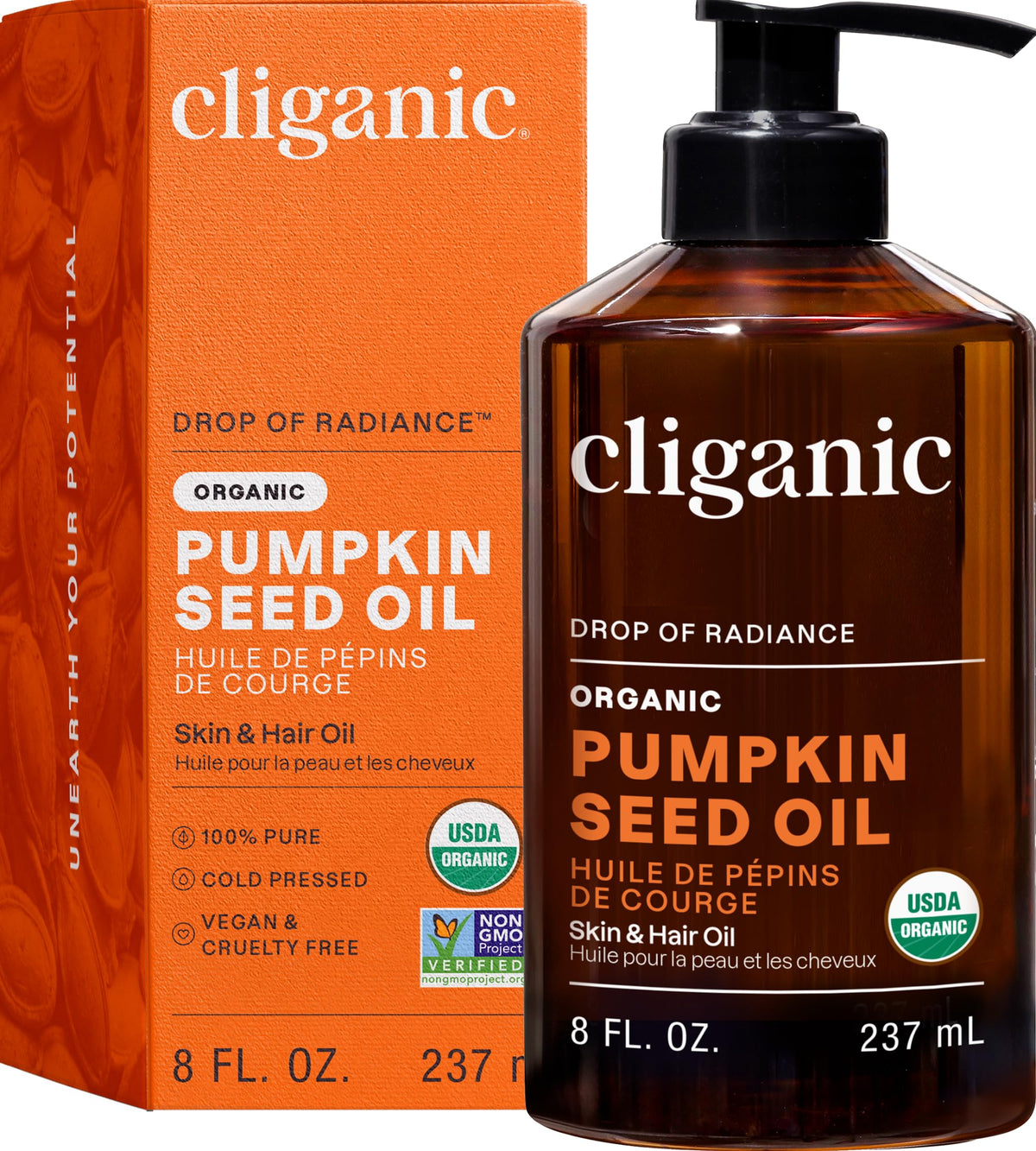 Cliganic pumpkin seed oil front packaging showing organic label and pump for easy use