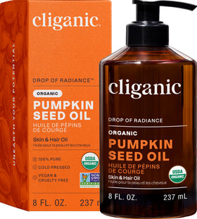 Cliganic pumpkin seed oil front packaging showing organic label and pump for easy use