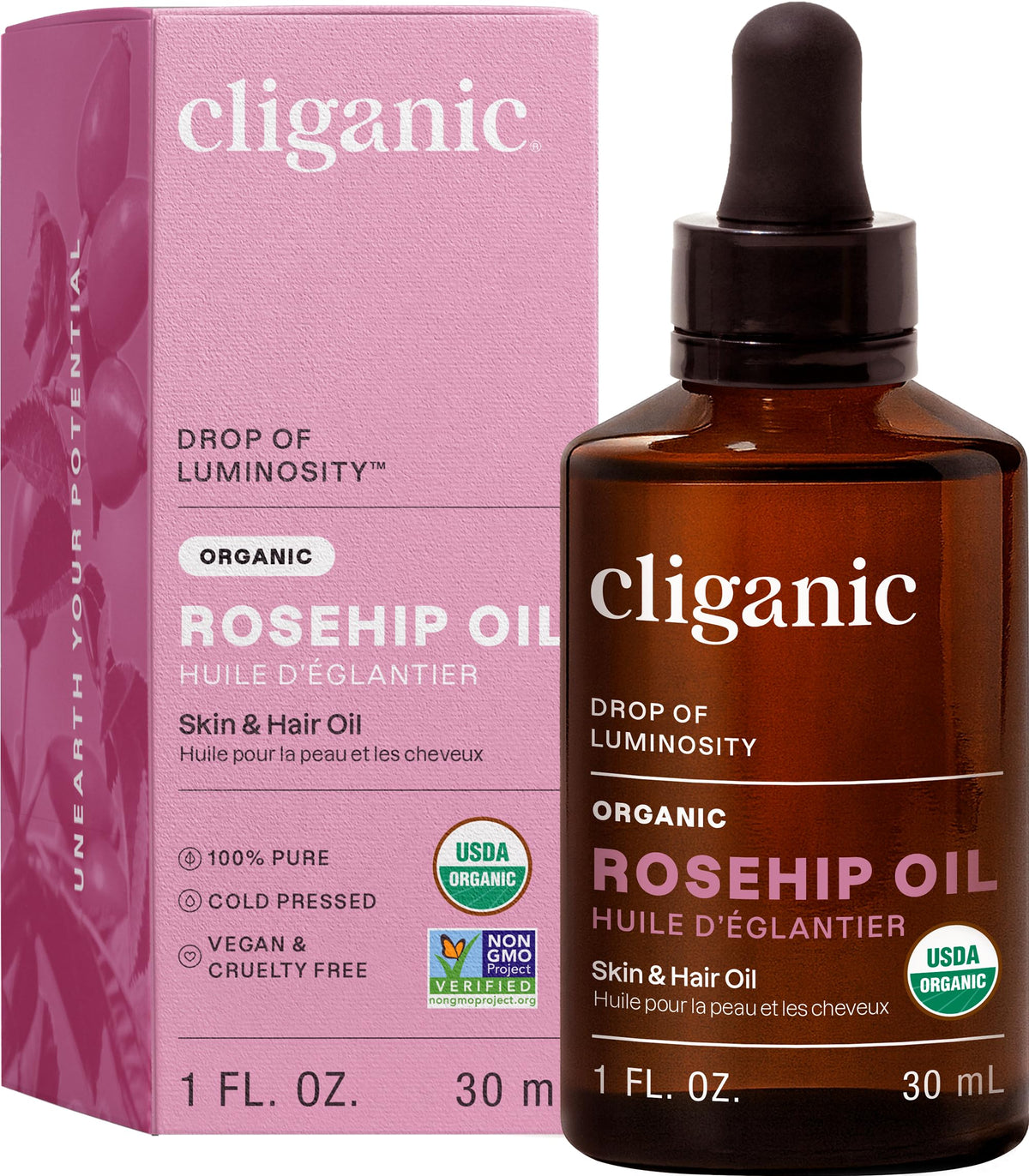 Cliganic rosehip front packaging showing organic seal and benefit
