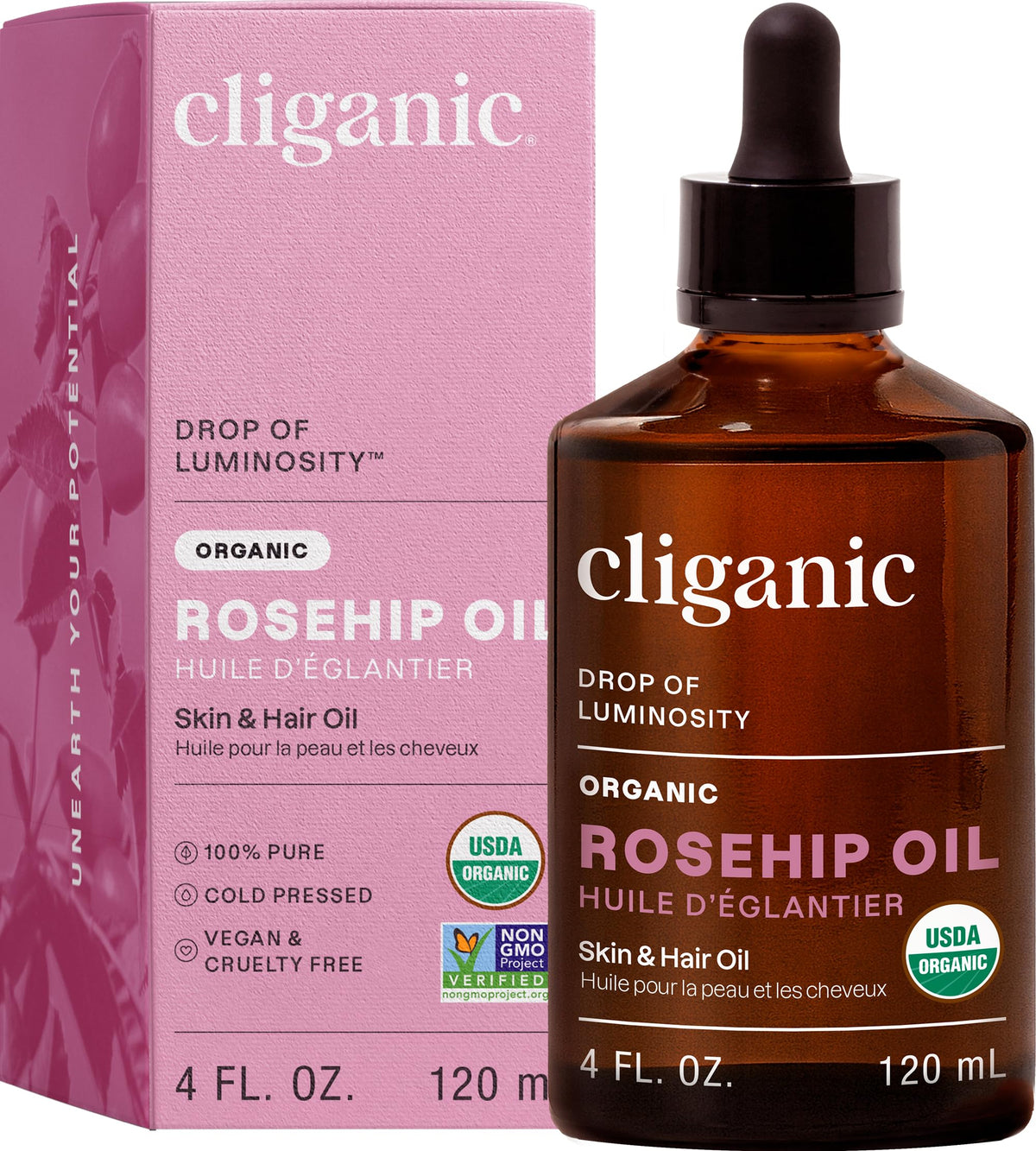 Cliganic front packaging showing bottle and organic label for clean benefit