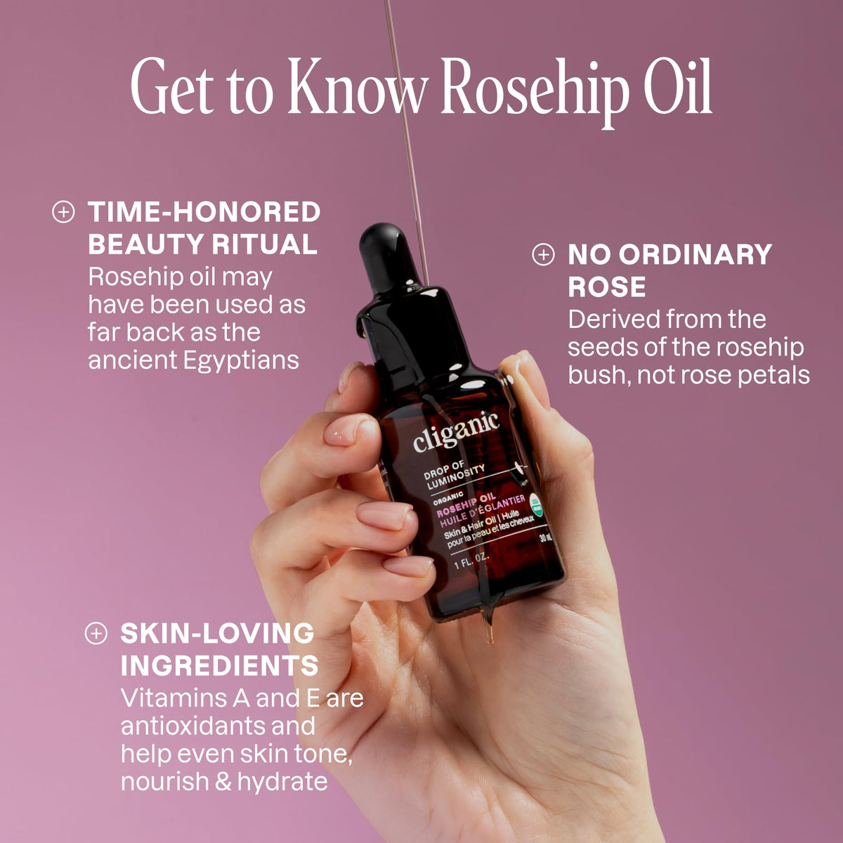 Cliganic rosehip oil texture on hand demonstrating lightweight absorption benefit
