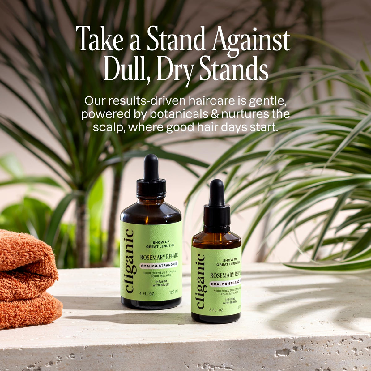Cliganic bottle held in hand demonstrating easy control and targeted scalp benefit
