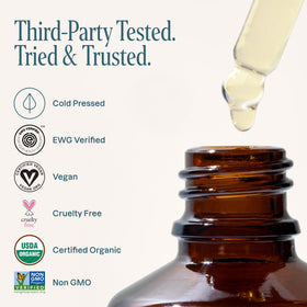 Cliganic oil on bathroom vanity illustrating daily skincare use