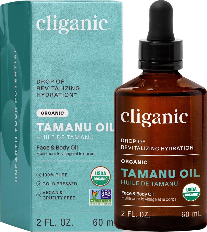 Cliganic tamanu oil front bottle showing organic label and clarity benefit
