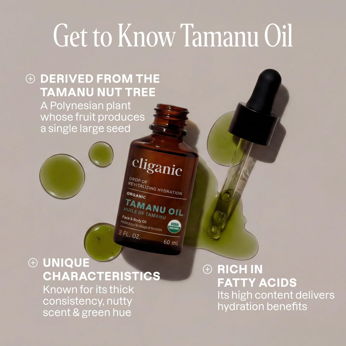 Cliganic tamanu oil pouring texture closeup showing nourishing consistency