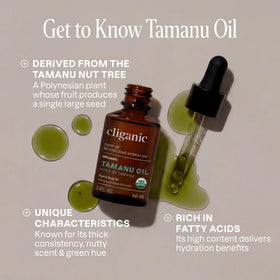 Cliganic tamanu oil pouring texture closeup showing nourishing consistency