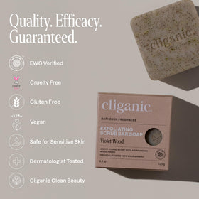cliganic violet wood bar lather captured mid-foam showing creamy cleansing and calming scent