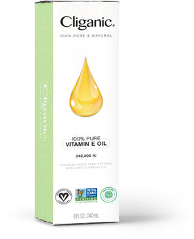 cliganic closeup of label showing D-alpha tocopherol and purity seal