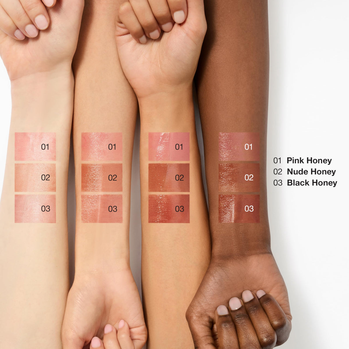 Clinique Almost Lipstick Pink Honey swatches on arm showing buildable translucent color