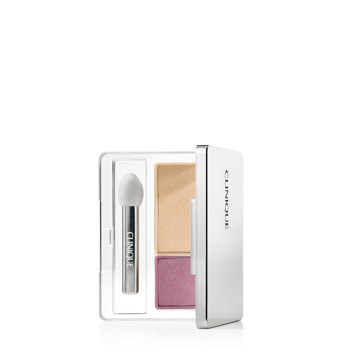 Clinique compact front view showing sleek packaging and shade labels for convenient travel