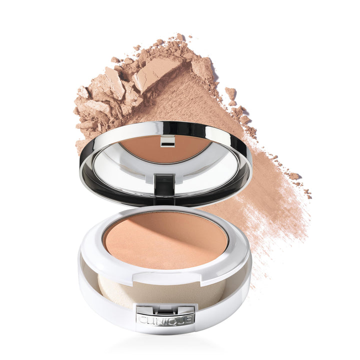 Clinique compact front view showing brand and clean matte finish benefit