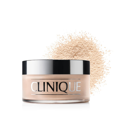 Clinique blended face powder front packaging showing compact jar and lid for easy storage and travel