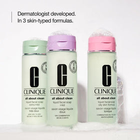 Clinique bottle in hand scale photo showing true size and travel-friendly feel