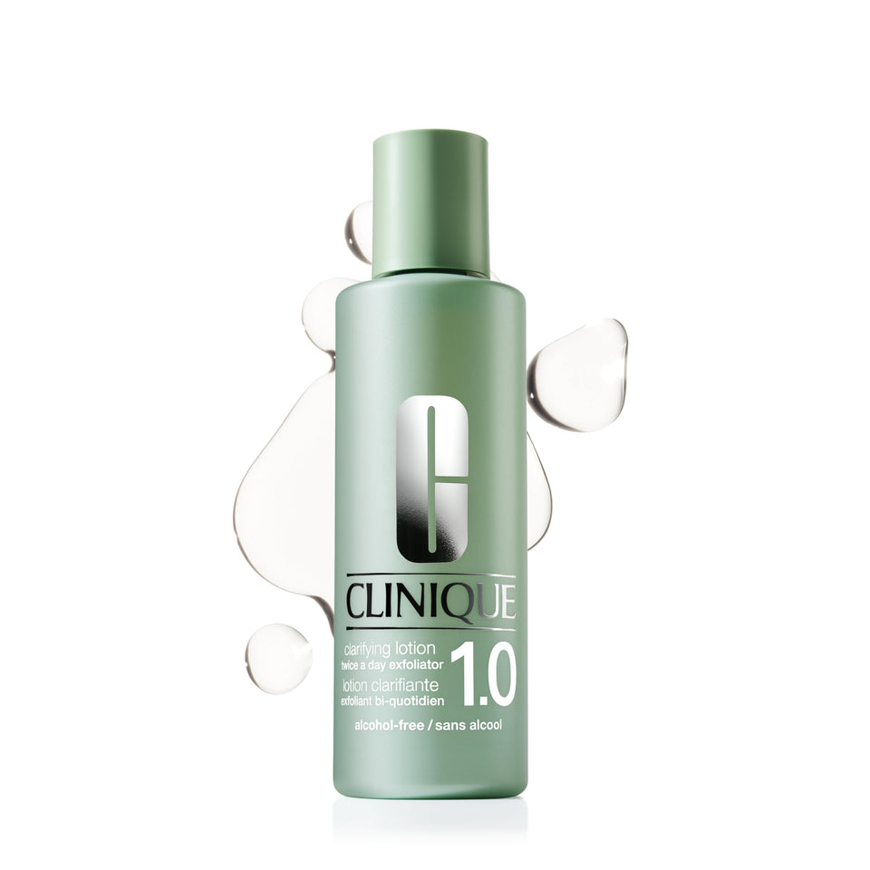Clinique bottle front packaging showing label and gentle exfoliant benefit
