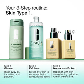 Clinique Step 2 in 3-Step routine displayed with cleanser and moisturizer benefit