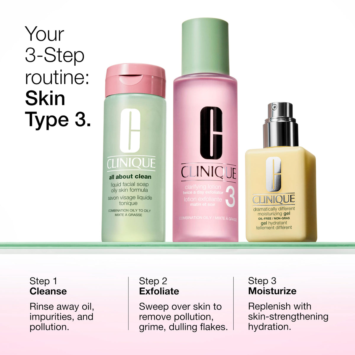 Clinique Clarifying Lotion 3 bottle beside cleanser and moisturizer showing routine pairing benefit