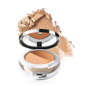 Clinique compact front view showing golden neutral shade and compact benefits