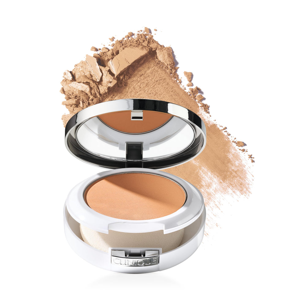 Clinique compact front view showing golden neutral shade and compact benefits