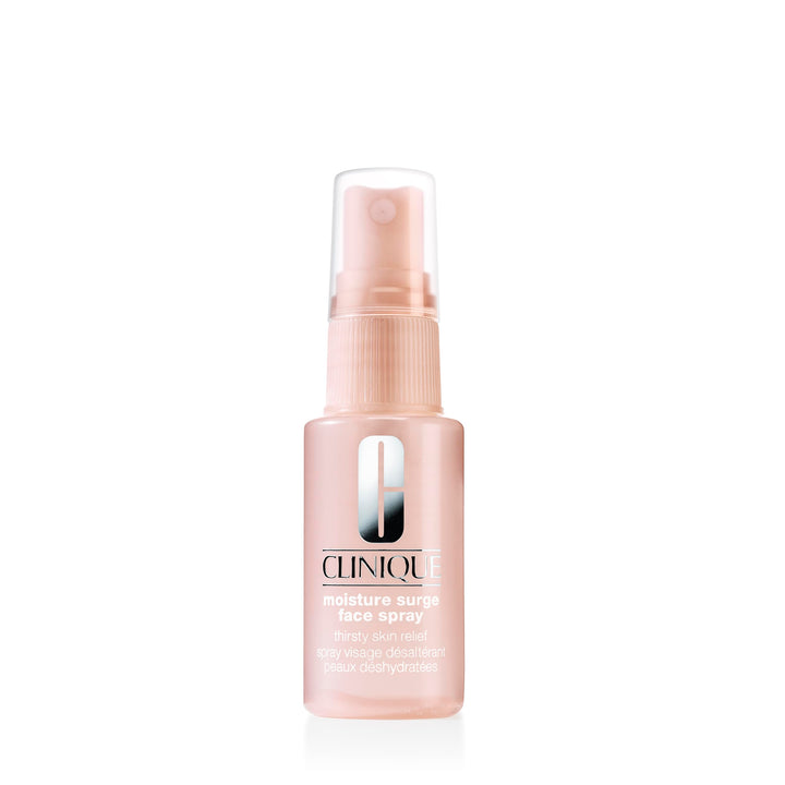 Clinique Moisture Surge face spray front packaging showing label and compact size, travel-ready benefit
