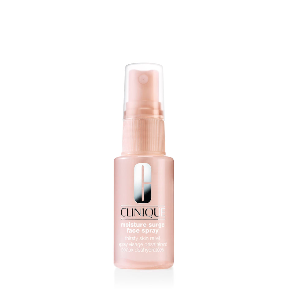 Clinique Moisture Surge face spray front packaging showing label and compact size, travel-ready benefit