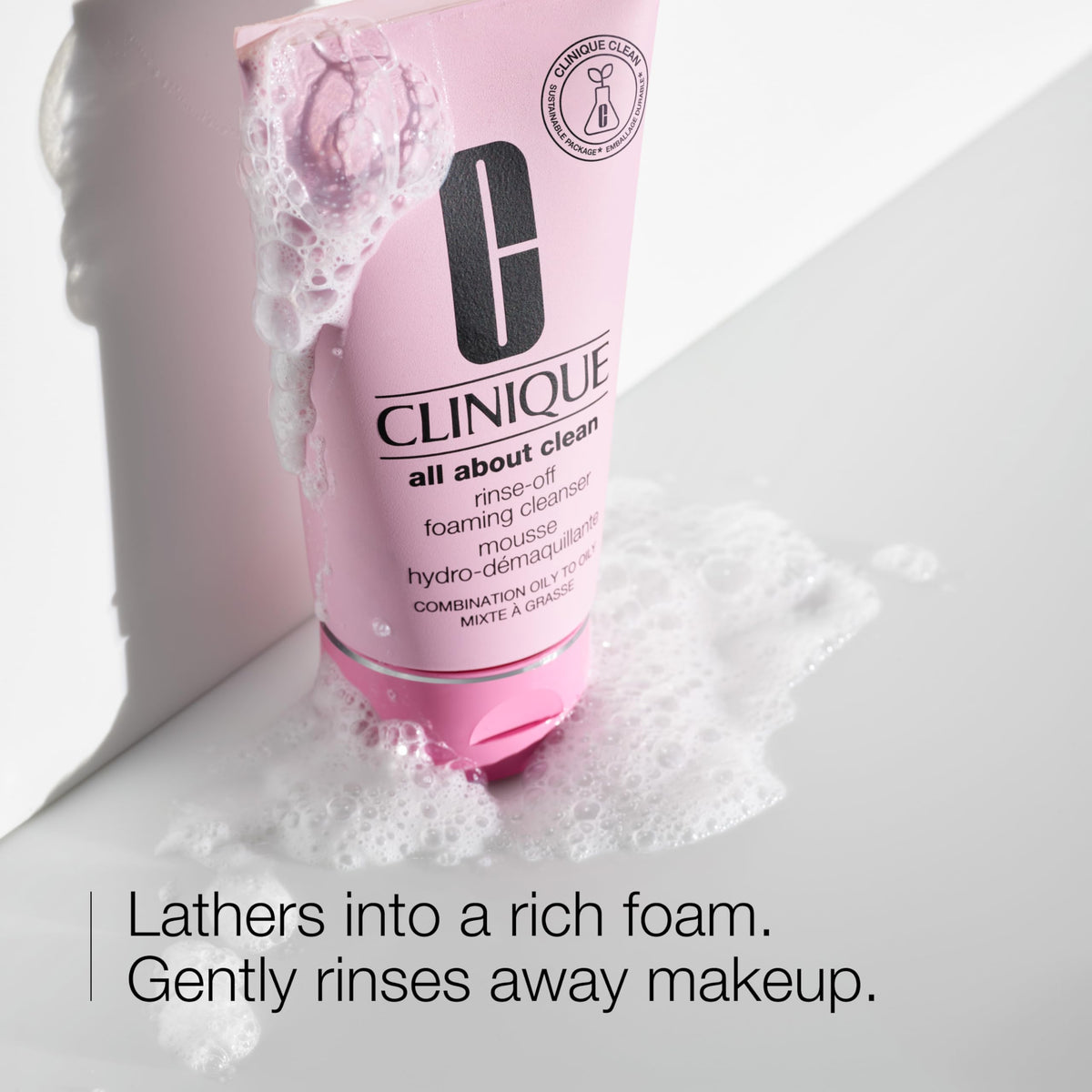 Clinique foam dispensed on hand demonstrating rich lather and quick cleansing benefit